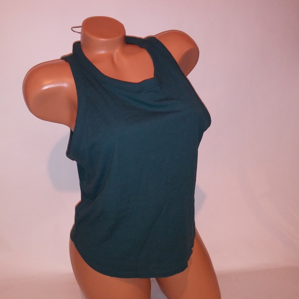 Victoria Secret PINK Tank Top Crop XXL 2X Dark Green Ribbed Solid Shelf Bra New